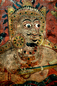 demon depicted with a rifle in the Degaldoruwa cave temple in Sri Lanka