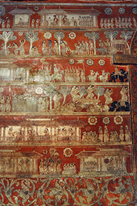 Jataka paintings in rows in the Degaldoruwa cave paintings in Kandy