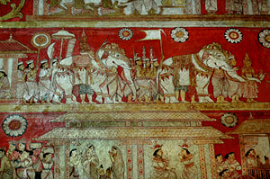 elephant procession depicted in the Vessantara Jataka mural of the Degaldoruwa cave temple in Sri Lanka