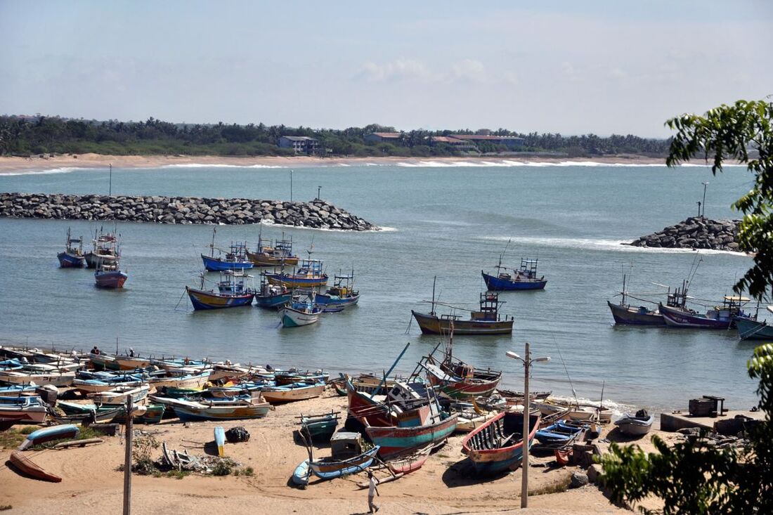 view from Hambantota Resthouse to the fishing harbour and sandy beach of Hambantota in the deep south of Sri Lanka