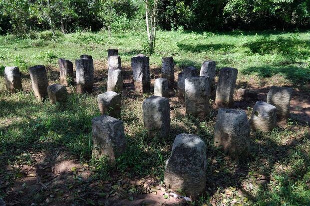 truncated pillars of a former Tampita Vihara in Kalpe in Sri Lanka's Anuradhapura District