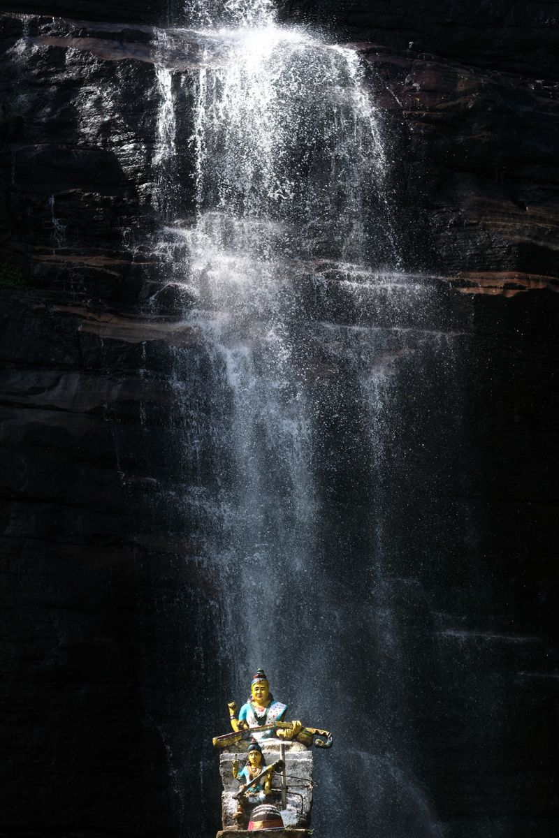 Saraswati statue at Dunsinane waterfalls in Nuwara Eliya District, Sri Lanka