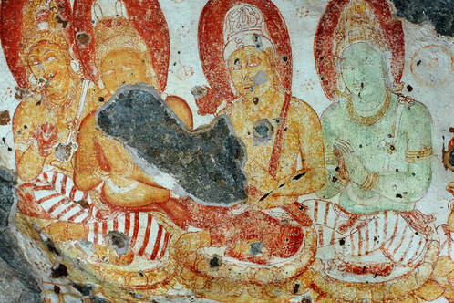 four of the five figures of the Pulligoda fresco in Dimbulagala in Sri Lanka