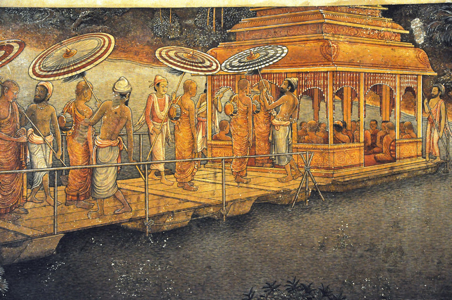 Kalyani ordination ceremony on rafts, painted by Solias Mendis 
