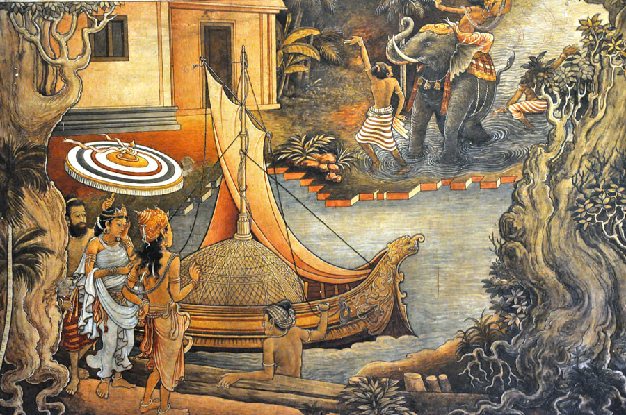 Vihara-Mahadevi boarding the golden vessel, painted by Solias Mendis