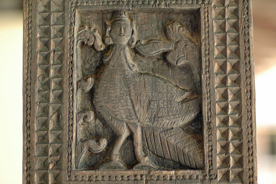 Kinnara or Garuda carved at a pillar in Embekke in Sri Lanka