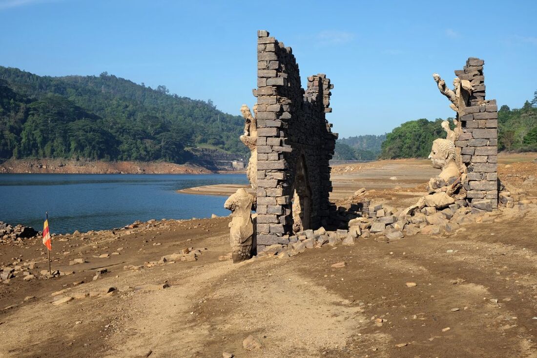 ruins of Kadadora Vihara at the Kotmale reservoir in central Sri Lanka