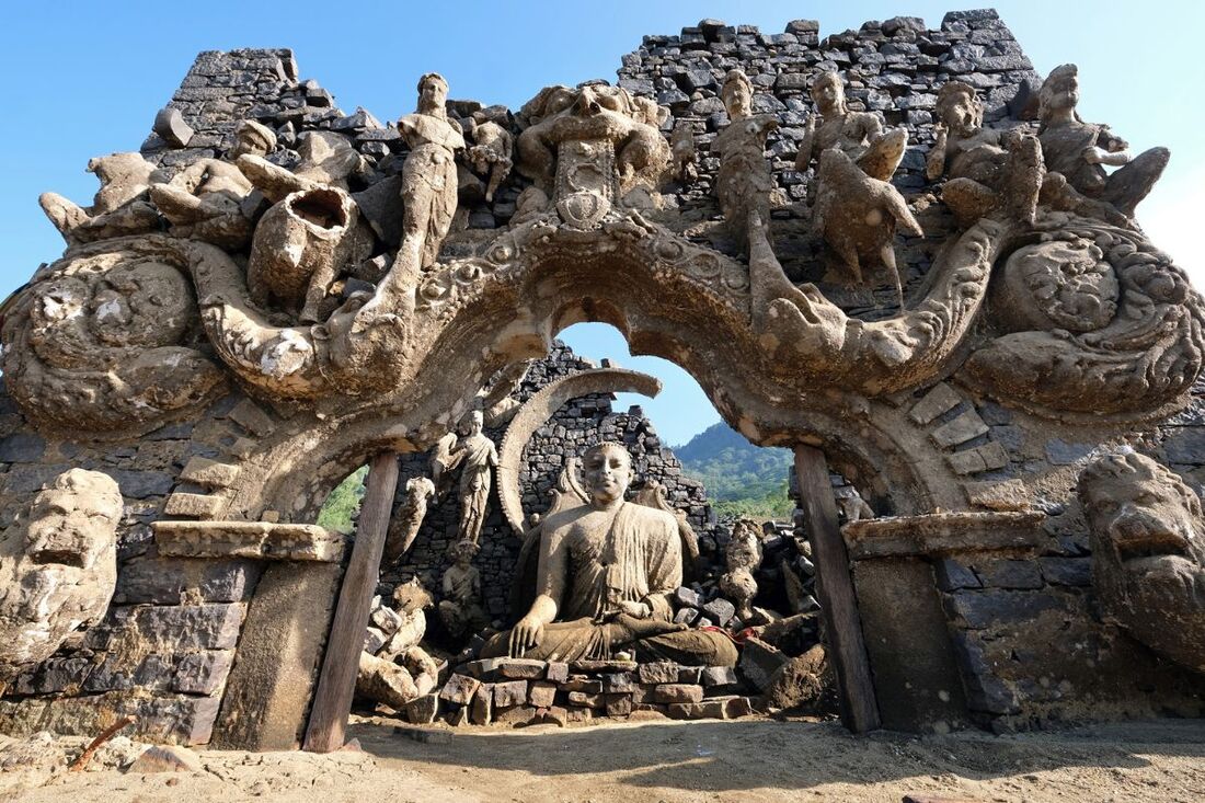 Kadadora Temple ruins usually submerged in the Kotmale reservoir of Sri Lanka