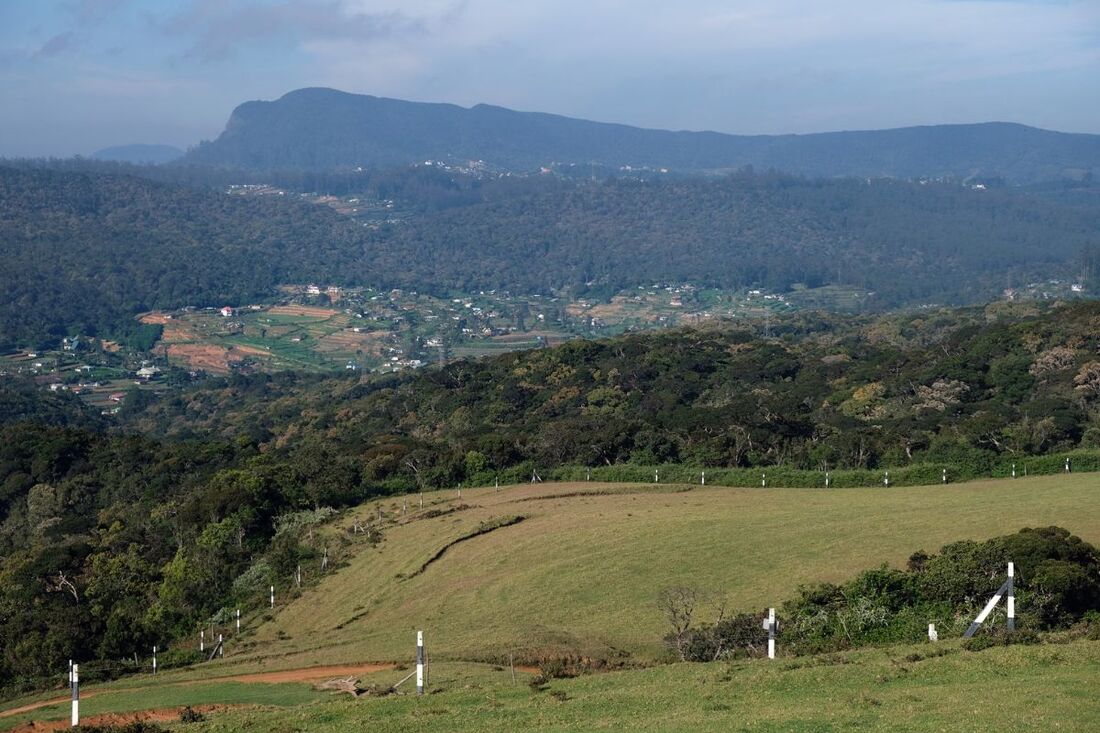 view from the Moon Plains to Conical Hill behind the farmlands of Sita Eliya 