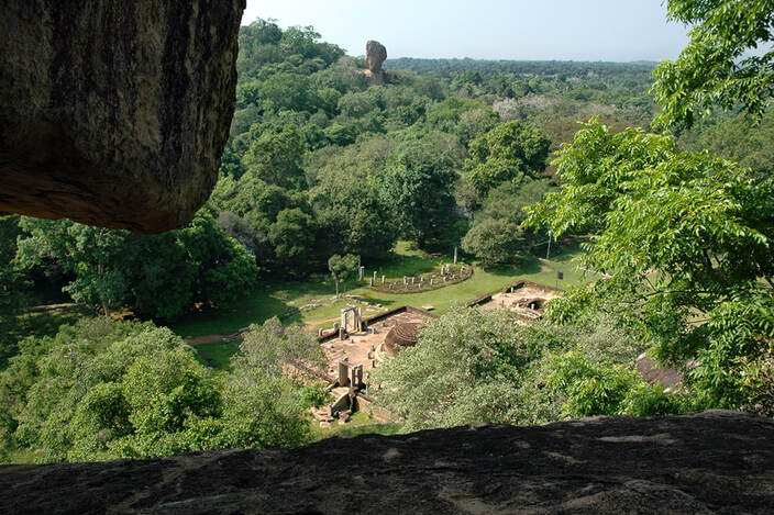 view from Sirisanghabo's cave to the ruins of Haththikuchchi