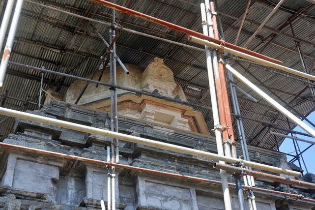 Sikhara of the Gadaladeniya temple in Sri Lanka under restoration