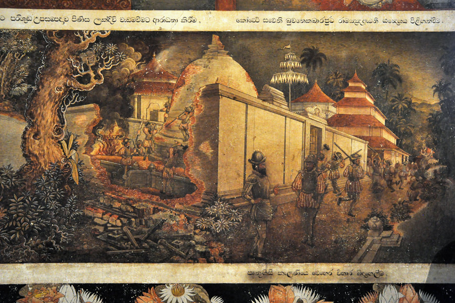 Destruction of the Kelaniya temple by the Portuguese, painted  by Solias Mendis